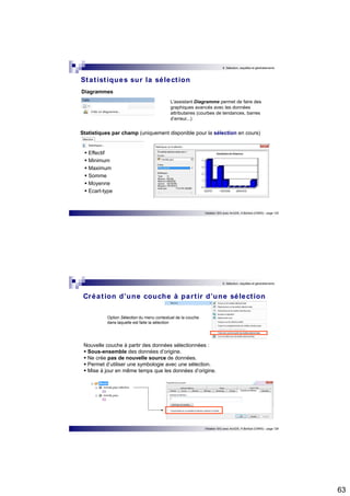 63 
6. Sélection, requêtes et géotraitements 
L'assistant Diagramme permet de faire des 
graphiques avancés avec les données 
attributaires (courbes de tendances, barres 
d’erreur...) 
Initiation SIG avec ArcGIS, H.Bohbot (CNRS) - page 125 
Stat ist iques sur la sélect ion 
Diagrammes 
Statistiques par champ (uniquement disponible pour la sélection en cours) 
 Effectif  Minimum  Maximum  Somme  Moyenne  Ecart-type 
6. Sélection, requêtes et géotraitements 
Créat ion d’une couche à par t ir d’une sélect ion 
Nouvelle couche à partir des données sélectionnées :  Sous-ensemble des données d’origine.  Ne crée pas de nouvelle source de données.  Permet d’utiliser une symbologie avec une sélection.  Mise à jour en même temps que les données d’origine. 
Initiation SIG avec ArcGIS, H.Bohbot (CNRS) - page 126 
Option Sélection du menu contextuel de la couche 
dans laquelle est faite la sélection 
 