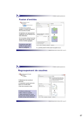 67 
6. Sélection, requêtes et géotraitements 
Initiation SIG avec ArcGIS, H.Bohbot (CNRS) - page 133 
Fusion d’ent ités 
Ex : parcelles portant le même code d’occupation du sol. 
1. Choix de la couche à 
agréger, du champ de fusion et 
de la couche en sortie. 
2. Opérations de regroupement 
à effectuer sur les champs de la 
table attributaire. 
3. Un nouveau champ Count est 
ajouté dans la nouvelle couche: 
nombre d’entités agrégées. 
Fonctionne avec des 
entités de type point, 
ligne ou polygone. 
6. Sélection, requêtes et géotraitements 
Initiation SIG avec ArcGIS, H.Bohbot (CNRS) - page 134 
Regroupement de couches 
 Sélectionner les couches à 
regrouper. 
 La première couche servira de 
base à la nouvelle table. 
 Nom de la couche à créer. 
 Entités de même type. 
 Même référence spatiale.  Tables attributaires de même 
structure (les champs absents de 
la table de base seront ignorés). 
 