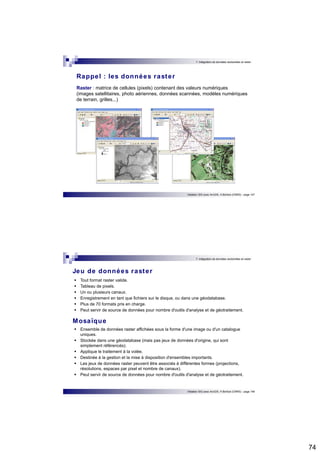 74 
7. Intégration de données vectorielles et raster 
Rappel : les données raster 
Raster : matrice de cellules (pixels) contenant des valeurs numériques 
(images satellitaires, photo aériennes, données scannées, modèles numériques 
de terrain, grilles...) 
Initiation SIG avec ArcGIS, H.Bohbot (CNRS) - page 147 
7. Intégration de données vectorielles et raster 
Jeu de données raster 
 Tout format raster valide.  Tableau de pixels.  Un ou plusieurs canaux.  Enregistrement en tant que fichiers sur le disque, ou dans une géodatabase.  Plus de 70 formats pris en charge.  Peut servir de source de données pour nombre d'outils d'analyse et de géotraitement. 
Mosaïque 
 Ensemble de données raster affichées sous la forme d'une image ou d'un catalogue 
uniques.  Stockée dans une géodatabase (mais pas jeux de données d'origine, qui sont 
simplement référencés).  Applique le traitement à la volée.  Destinée à la gestion et la mise à disposition d'ensembles importants.  Les jeux de données raster peuvent être associés à différentes formes (projections, 
résolutions, espaces par pixel et nombre de canaux).  Peut servir de source de données pour nombre d'outils d'analyse et de géotraitement. 
Initiation SIG avec ArcGIS, H.Bohbot (CNRS) - page 148 
 