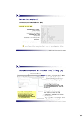 77 
7. Intégration de données vectorielles et raster 
Format d’image standard d’ArcGIS (BIL) 
; 
; ArcView Image Information 
; 
NCOLS 512 
NROWS 512 
NBANDS 3 
NBITS 8 
LAYOUT BIL 
BYTEORDER I 
SKIPBYTES 0 
MAPUNITS METERS 
ULXMAP 274785.00000000 
ULYMAP 4906905.00000000 
XDIM 30.00000000 
YDIM 30.00000000 
PROJ_ID "Universal Transverse Mercator" 
PROJ_ZONE 13 
PROJ_CODE 1 USGS 
Initiation SIG avec ArcGIS, H.Bohbot (CNRS) - page 153 
Calage d’un raster ( 2 ) 
image.bil  image.hdr 
Nombre de colonnes et de lignes 
Nombre de bandes 
Nombre de bits par pixel 
Structure du fichier (BIL, BSQ, BIP) 
Ordre des bits (Intel ou Unix) 
Unité de la carte 
Coordonnées du coin supérieur gauche 
Taille du pixel 
Informations sur le système de coordonnées 
Suivant les paramètres du système, utiliser « , » ou « . » comme séparateur décimal. 
7. Intégration de données vectorielles et raster 
Géoréférencement d’un raster avec ArcMap ( 1 ) 
Clic droit sur une barre d’outils pour afficher 
la barre d’outils Géoréférencement 
4. Gérer la liste des points de calage et 
de leur erreur quadratique moyenne. 
3. Prise des points de calage : 
Cliquer sur image à référencer puis 
- clic droit et entrée des coordonnées x,y OU 
- clic sur le point homologue d’une image déjà 
géoréférencée. 
Initiation SIG avec ArcGIS, H.Bohbot (CNRS) - page 154 
1. Image à géoréférencer 
5. Créer le fichier de référencement 
avec ou sans déformation de l’image 
(2.) « Approcher » l’image des autres couches 
du bloc de données. 
Degré du polynôme de transformation : utiliser 
préférentiellement le premier degré. 
Il faut mettre en correspondance 
quelques points de coordonnées 
connues avec des points de l’image à 
géoréférencer afin de définir une 
transformation mathématique applicable 
à tous les points de l’image. 
 