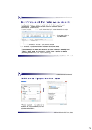 78 
7. Intégration de données vectorielles et raster 
Géoréférencement d’un raster avec ArcMap ( 2 ) 
 Avec 3 points de calage, une solution à U= aX+bY+c, V=dX+eY+f (U,V: image, X,Y: carte)  Avec 4 points et + : indication de qualité du calage avec erreur quadratique moyenne 
(position indiquée - position calculée) 
Cliquer dans le tableau pour modifier directement une valeur 
 Répartir les points de calage dans l’ensemble de l’image (idéalement vers les 4 coins) 
 Mettre à jour le fichier de référencement (modifie l’image à la volée) ou rectifier 
géométriquement l’image (crée une nouvelle image). 
Initiation SIG avec ArcGIS, H.Bohbot (CNRS) - page 155 
Supprimer un point 
Erreur dans l’unité de la 
carte (à minimiser!) 
Sauvegarder / recharger le fichier de points de calage 
Recalcul de la transformation à chaque modification des points de calage 
7. Intégration de données vectorielles et raster 
Définit ion de la project ion d’un raster 
Initiation SIG avec ArcGIS, H.Bohbot (CNRS) - page 156 
 Raster reprojeté « à la volée » si le 
système de coordonnées du bloc de 
données est différent. 
 