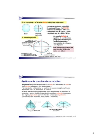 8 
1. Les données géographiques 
Ca se complique… la Terre (le géoïde) n’étant pas sphérique… 
Il existe de nombreux ellipsoïdes 
(locaux ou globaux) : le WGS 84 
(référence du GPS) est défini par : 
• demi-grand axe (a) = 6378,137 km 
• demi-petit axe (b) = 6356,752 km 
Initiation SIG avec ArcGIS, H. Bohbot (CNRS) - page 15 
ni même ellipsoïdale… 
On appelle DATUM, le 
système de coordonnées 
géographiques défini par : 
- une unité angulaire 
- un méridien de référence 
- un ellipsoïde 
Une même position aura des 
coordonnées différentes 
selon son datum. 
1. Les données géographiques 
Systèmes de coordonnées projetées 
Projection des points de l’ellipsoïde sur un plan, sur la surface d’un cône ou 
d’un cylindre (qui peuvent être développées)…  Une projection est basée sur un système de coordonnées géographiques.  Permet le calcul de distances et de surfaces.  Cause des déformations inévitables : il faut les minimiser en optimisant la 
projection à la zone étudiée. Une projection peut être conforme (conservation 
des angles), équivalente (conservation des surfaces) ou équidistante 
(conservation des distances), mais pas les 3 ensembles. 
Initiation SIG avec ArcGIS, H. Bohbot (CNRS) - page 16 
 