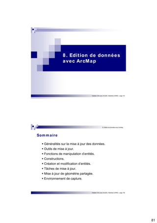 81 
8 . Edit ion de données 
avec ArcMap 
Initiation SIG avec ArcGIS, H.Bohbot (CNRS) - page 161 
8. Edition de données avec ArcMap 
Sommaire 
 Généralités sur la mise à jour des données. 
 Outils de mise à jour. 
 Fonctions de manipulation d’entités. 
 Constructions. 
 Création et modification d’entités. 
 Tâches de mise à jour. 
 Mise à jour de géométrie partagée. 
 Environnement de capture. 
Initiation SIG avec ArcGIS, H.Bohbot (CNRS) - page 162 
 