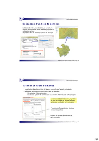 90 
9. Mise en page cartographique 
Découpage d’un bloc de données 
Initiation SIG avec ArcGIS, H.Bohbot (CNRS) - page 179 
Le bloc de données peut être découpé suivant une 
emprise personnalisée : entité, élément graphique ou 
cadre géographique : 
Propriétés / Bloc de données / Options de découpe 
9. Mise en page cartographique 
Afficher un cadre d’empr ise 
 Localisation à petite échelle de la zone couverte par la carte principale. 
 Nécessite la création d’un nouveau bloc de données : 
- Menu Insérer / Bloc de données. 
- Couches et système de coordonnées peuvent être différents de la carte principale 
L'emprise est à définir dans les propriétés 
du bloc de données de la carte générale, 
qui situe et contient la carte principale. 
Propriétés d’affichage du bloc (bordure, 
fond, ombre portée). 
Pointeur de la carte générale vers la 
carte principale. 
Initiation SIG avec ArcGIS, H.Bohbot (CNRS) - page 180 
 
