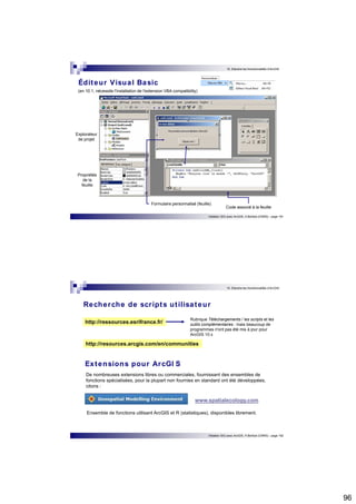96 
10. Etendre les fonctionnalités d’ArcGIS 
Initiation SIG avec ArcGIS, H.Bohbot (CNRS) - page 191 
Éditeur Visual Basic 
(en 10.1, nécessite l'installation de l'extension VBA compatibility) 
Propriétés 
de la 
feuille 
Code associé à la feuille 
Explorateur 
de projet 
Formulaire personnalisé (feuille) 
10. Etendre les fonctionnalités d’ArcGIS 
Recherche de scr ipts ut ilisateur 
http://ressources.esrifrance.fr/ Rubrique Téléchargements / les scripts et les 
outils complémentaires : mais beaucoup de 
programmes n'ont pas été mis à jour pour 
ArcGIS 10.x 
Initiation SIG avec ArcGIS, H.Bohbot (CNRS) - page 192 
http://resources.arcgis.com/en/communities 
Extensions pour ArcGI S 
De nombreuses extensions libres ou commerciales, fournissant des ensembles de 
fonctions spécialisées, pour la plupart non fournies en standard ont été développées, 
citons : 
www.spatialecology.com 
Ensemble de fonctions utilisant ArcGIS et R (statistiques), disponibles librement. 
 