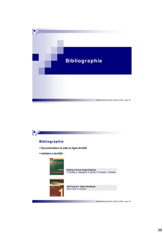 98 
Bibliographie 
Initiation SIG avec ArcGIS, H.Bohbot (CNRS) - page 195 
Initiation SIG avec ArcGIS, H.Bohbot (CNRS) - page 196 
Bibliographie 
 Documentation et aide en ligne ArcGIS 
 Initiation à ArcGIS : 
Getting to Know Arcgis Desktop 
T. Ormsby, E. Napoleon, R. Burke, C. Groessl, L. Bowden 
GIS Tutorial 1: Basic Workbook 
de W. Gorr, K. Kurland 
 