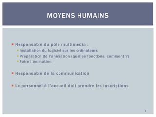 MOYENS HUMAINS

 Responsable du pôle multimédia :
 Installation du logiciel sur les ordinateurs
 Préparation de l’animation (quelles fonctions, comment ?)
 Faire l’animation

 Responsable de la communication
 Le personnel à l’accueil doit prendre les inscriptions

4

 