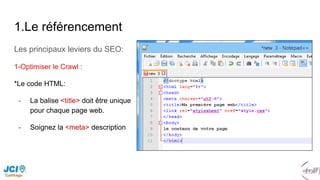 1.Le référencement
Les principaux leviers du SEO:
1-Optimiser le Crawl :
*Le code HTML:
- La balise <title> doit être unique
pour chaque page web.
- Soignez la <meta> description
 