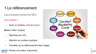 1.Le référencement
Les principaux leviers du SEO:
2-Le contenu:
- Avoir un contenu varié et unique
[Balise <title> unique]
- Optimiser les URL
- Attention au contenu dupliqué
- Travailler sur le référencement des images
- Penser à la valeur d’accroche
 