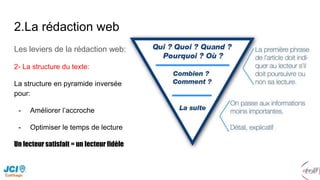 2.La rédaction web
Les leviers de la rédaction web:
2- La structure du texte:
La structure en pyramide inversée
pour:
- Améliorer l’accroche
- Optimiser le temps de lecture
Un lecteur satisfait = un lecteur fidèle
 