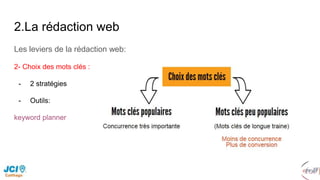 2.La rédaction web
Les leviers de la rédaction web:
2- Choix des mots clés :
- 2 stratégies
- Outils:
keyword planner
 