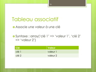 Tableau associatif
 Associe une valeur à une clé
 Syntaxe : array(‘clé 1’ => ‘valeur 1’, ‘clé 2’
=> ‘valeur 2’)
Clé Valeur
clé 1 valeur 1
clé 2 valeur 2
26
 