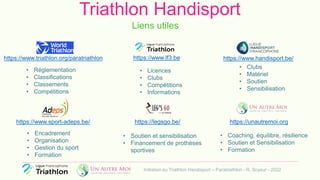 Triathlon Handisport
Liens utiles
• Réglementation
• Classifications
• Classements
• Compétitions
• Clubs
• Matériel
• Sou...