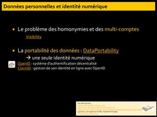  Le problème des homonymies et des multi-comptes
Vizibility
 La portabilité des données : DataPortability
 une seule identité numérique
OpenID : système d’authentification décentralisé
ClaimID : gestion de son identité en ligne avec OpenID
Pour aller plus loin :
Cultivez votre identité numérique. 2009
Julien Pierre. http://www.identites-numeriques.net/.
Charte du droit à l'oubli numérique : mieux protéger les données personnelles des internautes,
13/10/2010, non signée par la CNIL, Facebook et Google
www.jepubliejereflechis.net
 