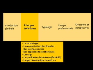 Typologie
Questions et
perspectives
Introduction
générale
Usages
professionnels
• La technologie
• La recombinaison des données
• Des interfaces riches
• Des applications collaboratives
• Les tags
• La syndication de contenus (flux RSS)
• L’aspect économique du web 2.0
Principes
techniques
 