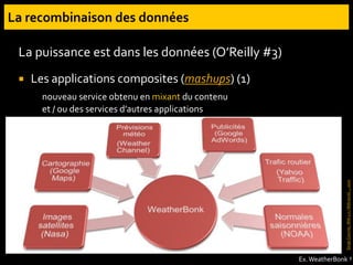 La puissance est dans les données (O’Reilly #3)
 Les applications composites (mashups) (1)
nouveau service obtenu en mixant du contenu
et / ou des services d’autres applications
Serge
Courrier,
Web
2.0
/
Web
social…,
2010
Ex.WeatherBonk †
 