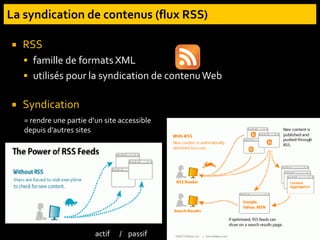  RSS
 famille de formats XML
 utilisés pour la syndication de contenuWeb
 Syndication
actif / passif
= rendre une partie d’un site accessible
depuis d’autres sites
 