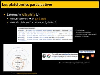  L’exemple Wikipédia (2)
 un outil commun  un bac à sable
 un outil collaboratif  une auto-régulation ?
Ex. historique :
- suivi des modifications ;
- identification des contributeurs
(humains ou robots)
Ex. surveillance (voire protection) du contenu
Ex. une organisation communautaire
 