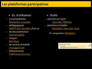  Ex. d’utilisation
– encyclopédistes
Bibliopédia, Jurispedia
– pédagogiques
URFIST Nice, RenéWiki (Paris 5)
– de documentation
GreenstoneWiki
– citoyen
Wiki-Brest
– de centres d’intérêt
Unplugged-cafe
– d’événements
THATCamp Paris 2010
…
 Outils
– solutions en ligne
ZohoWiki, PBWorks
– solutions à installer
MediaWiki, OpenWiki, Xwiki
Cf. comparateur WikiMatrix
Recherche de wikis
- tout type : Qwika, WikiIndex, Sites MédiaWiki
- bibliothèques et enseignement : Bibliopédia
 