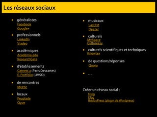  généralistes
Facebook
Google+
 professionnels
LinkedIn
Viadeo
 académiques
Academia.edu
ResearchGate
 d’établissements
Carnets 2 (Paris Descartes)
E-Portfolio (UVSQ)
 de rencontres
Meetic
 locaux
Peuplade
Qype
 musicaux
LastFM
Deezer
 culturels
MySpace
Cultureesy
 culturels scientifiques et techniques
Knowtex
 de questions/réponses
Quora
 …
Créer un réseau social :
Ning
Elgg
BuddyPress (plugin deWordpress)
 