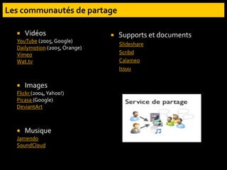  Vidéos
YouTube (2005, Google)
Dailymotion (2005, Orange)
Vimeo
Wat.tv
 Images
Flickr (2004,Yahoo!)
Picasa (Google)
DeviantArt
 Musique
Jamendo
SoundCloud
 Supports et documents
Slideshare
Scribd
Calameo
Issuu
 