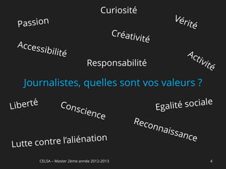 Curiosité




                          Responsabilité

Journalistes, quelles sont vos valeurs ?




   CELSA – Master 2ème année 2012-2013       4
 