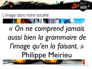 L’image dans notre société 
« On ne comprend jamais 
aussi bien la grammaire de 
l’image qu’en la faisant. » 
Consommer de images Fabriquer de images Critiquer de images 
Philippe Meirieu 
Source : http://bbf.enssib.fr/consulter/bbf-2004-02-0113-008 
 