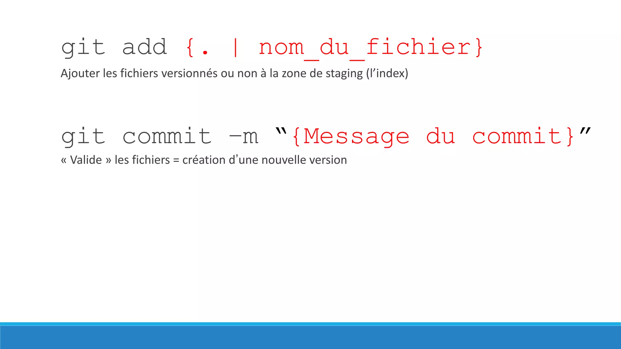 git add {. | nom_du_fichier}
Ajouter les fichiers versionnés ou non à la zone de staging (l’index)

git commit –m “{Message du commit}”
« Valide » les fichiers = création d’une nouvelle version

 