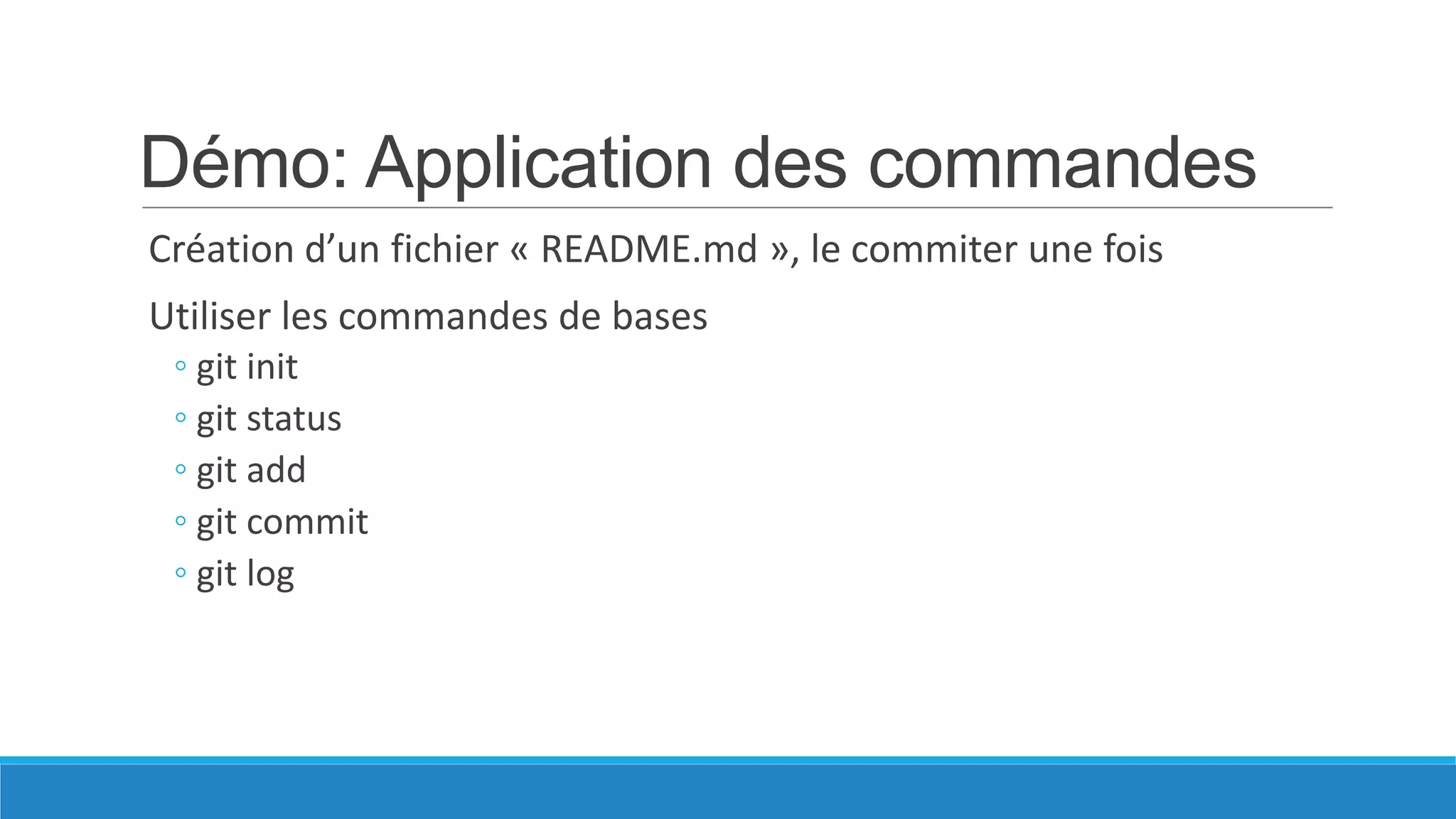 Démo: Application des commandes
Création d’un fichier « README.md », le commiter une fois
Utiliser les commandes de bases
◦ git init
◦ git status
◦ git add
◦ git commit
◦ git log

 