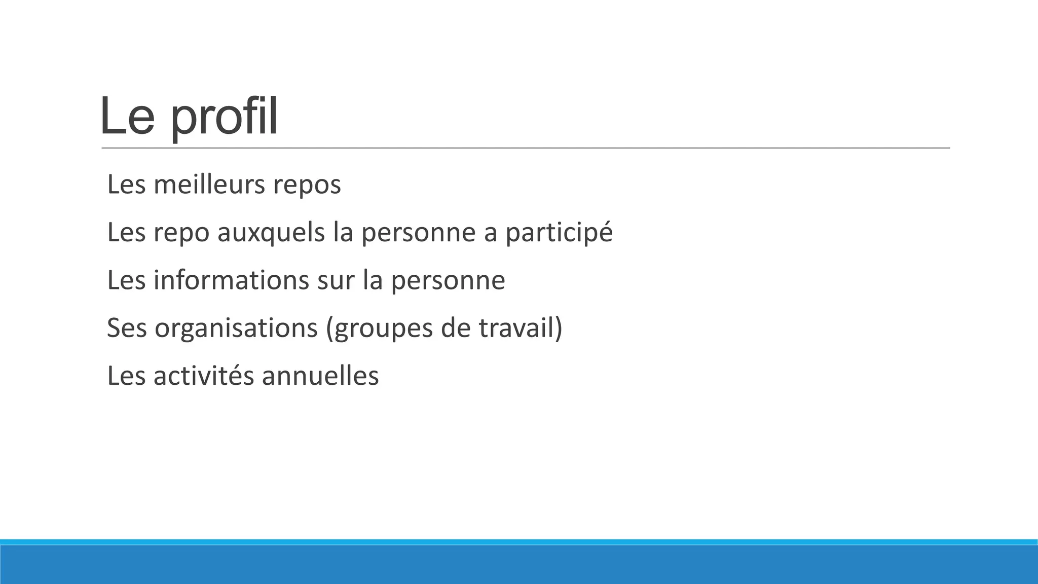 Le profil
Les meilleurs repos
Les repo auxquels la personne a participé
Les informations sur la personne

Ses organisations (groupes de travail)
Les activités annuelles

 