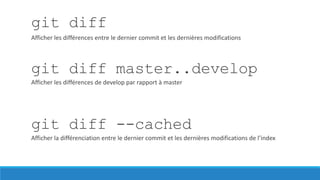 git diff
Afficher les différences entre le dernier commit et les dernières modifications

git diff master..develop
Afficher les différences de develop par rapport à master

git diff --cached
Afficher la différenciation entre le dernier commit et les dernières modifications de l’index

 