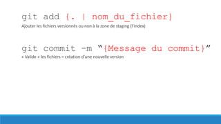 git add {. | nom_du_fichier}
Ajouter les fichiers versionnés ou non à la zone de staging (l’index)

git commit –m “{Message du commit}”
« Valide » les fichiers = création d’une nouvelle version

 