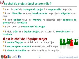Initiation à la gestion de projet24
Le chef de projet : Quel est son rôle ?
 C’est le chef / le manager du projet / le responsable du projet
 Il doit identifier tous ses interlocuteurs du projet et négocier avec
eux
 Il doit avoir une vision 360° du Projet
 Il doit créer son équipe projet, en assurer la coordination et
l’animer
 Il doit utiliser tous les moyens nécessaires pour conduire le
projet vers sa réussite
 Il anime l’équipe et mobilise autour du projet.
 Il encourage et soutient les membres de l’équipe.
 Il résout les conflits entre les membres de l’équipe.
Il est le chef de l’équipe projet
 