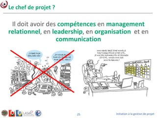 Initiation à la gestion de projet25
Le chef de projet ?
Il doit avoir des compétences en management
relationnel, en leadership, en organisation et en
communication
 