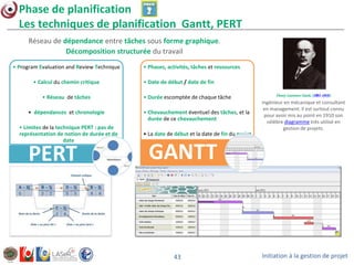 Initiation à la gestion de projet43
Phase de planification
Les techniques de planification Gantt, PERT
Réseau de dépendance entre tâches sous forme graphique.
Décomposition structurée du travail
HenryLaurenceGantt,(1861-1919),
ingénieur en mécanique et consultant
en management. Il est surtout connu
pour avoir mis au point en 1910 son
célèbre diagramme très utilisé en
gestion de projets.
• Program Evaluation and Review Technique
• Calcul du chemin critique
• Réseau de tâches
• dépendances et chronologie
• Limites de la technique PERT : pas de
représentation de notion de durée et de
date
PERT
• Phases, activités, tâches et ressources
• Date de début / date de fin
• Durée escomptée de chaque tâche
• Chevauchement éventuel des tâches, et la
durée de ce chevauchement
• La date de début et la date de fin du projet
GANTT
 