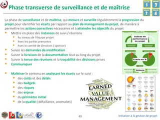 Initiation à la gestion de projet49
La phase de surveillance et de maîtrise, qui mesure et surveille régulièrement la progression du
projet pour identifier les écarts par rapport au plan de management du projet, de manière à
permettre les actions correctives nécessaires et à atteindre les objectifs du projet.
 Mettre en place des instances de suivi / réunions
 Au niveau de l’équipe projet
 Avec les parties prenantes
 Avec le comité de direction ( sponsor)
 Suivre les demandes de modification
 Suivre la livraison de la documentation tout au long du projet
 Suivre la tenue des réunions et la traçabilité des décisions prises
 Communiquer
 Maîtriser le contenu en analysant les écarts sur le suivi :
 des coûts et des délais
 des budgets
 des risques
 des enjeux
 du périmètre initial
 de la qualité ( défaillance, anomalies)
Phase transverse de surveillance et de maîtrise
 