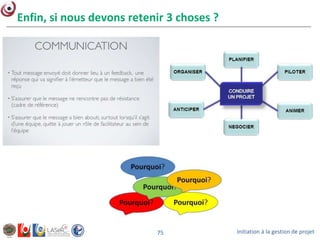 Initiation à la gestion de projet75
Enfin, si nous devons retenir 3 choses ?
 