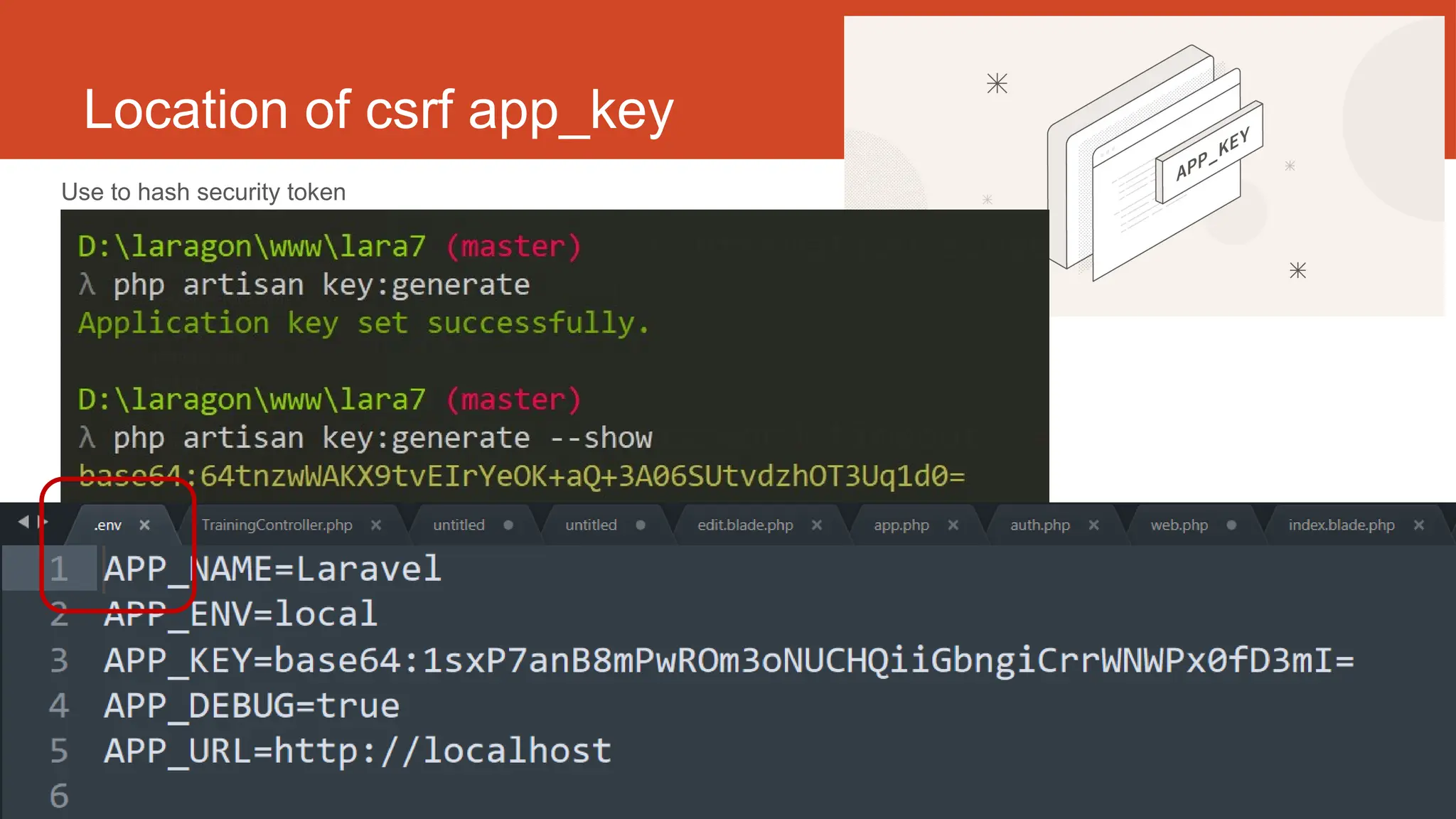 http://fstm.kuis.edu.my/blog/laravel 127
Location of csrf app_key
Use to hash security token
 