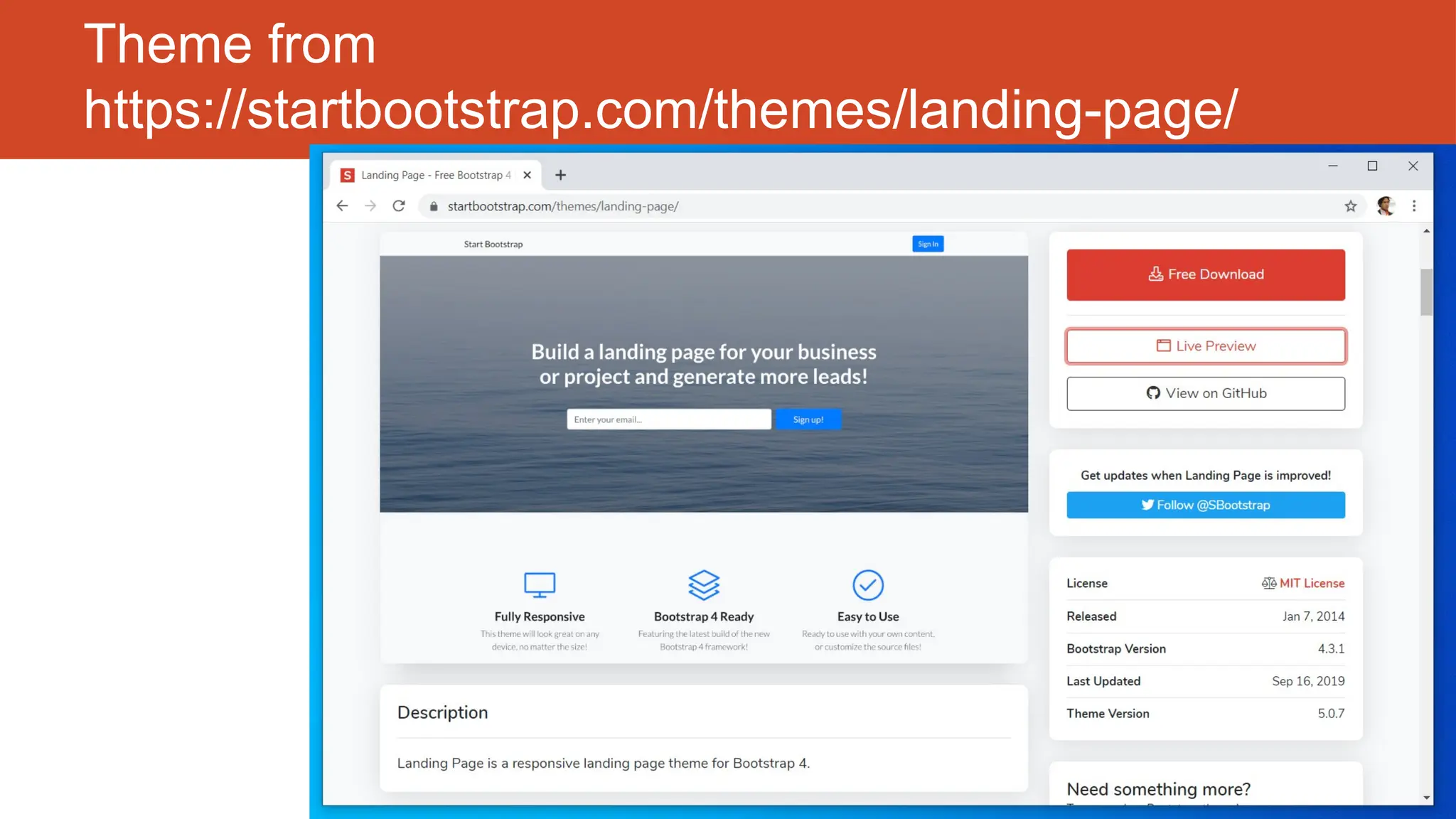 http://fstm.kuis.edu.my/blog/laravel 132
Theme from
https://startbootstrap.com/themes/landing-page/
 