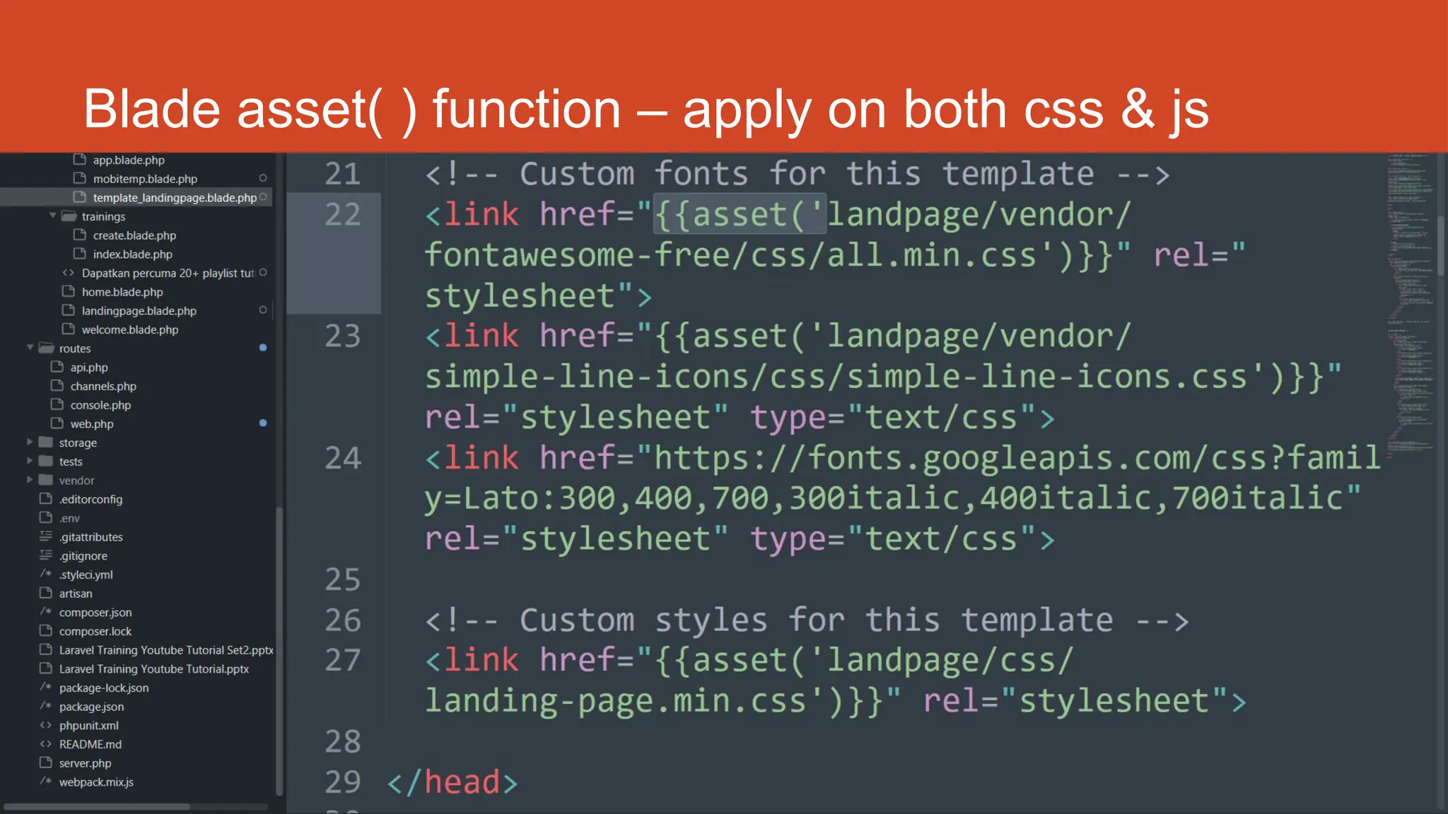 http://fstm.kuis.edu.my/blog/laravel 134
Blade asset( ) function – apply on both css & js
 
