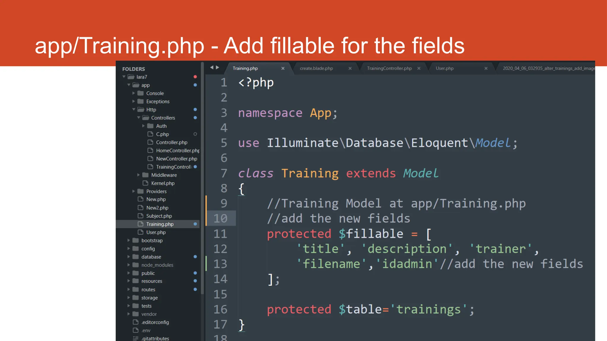 http://fstm.kuis.edu.my/blog/laravel 165
app/Training.php - Add fillable for the fields
 