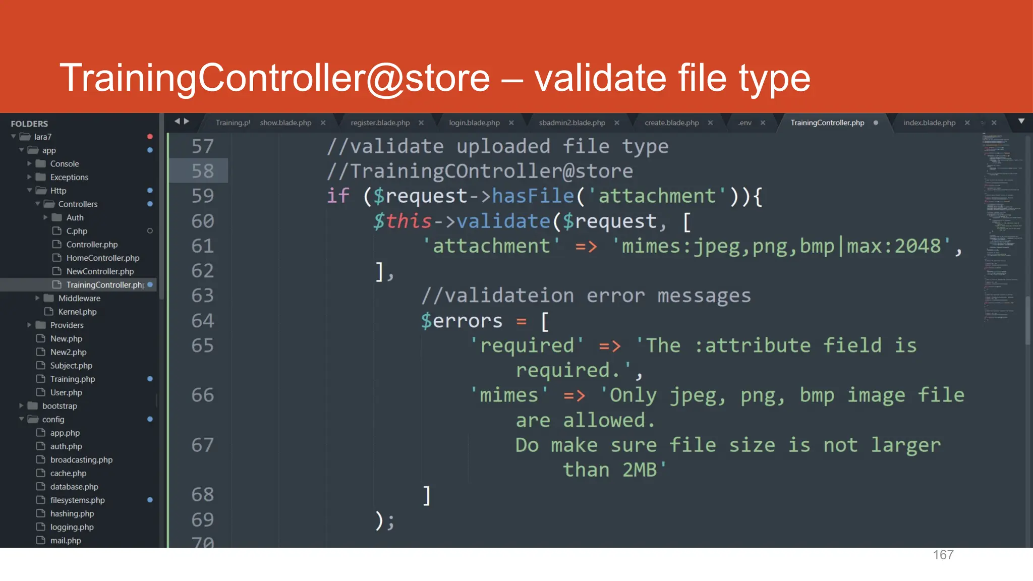 167
TrainingController@store – validate file type
 