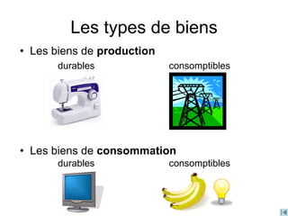 Les types de biens
• Les biens de production
• Les biens de consommation
durables consomptibles
durables consomptibles
 
