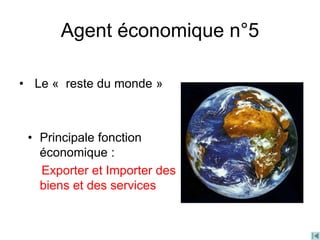 Agent économique n°5
• Le « reste du monde »
• Principale fonction
économique :
Exporter et Importer des
biens et des services
 