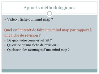 Apports méthodologiques

 Vidéo : fiche ou mind map ?


Quel est l’intérêt de faire une mind map par rapport à
une fiche de révision ?
 De quoi votre cours est-il fait ?
 Qu’est-ce qu’une fiche de révision ?
 Quels sont les avantages d’une mind map ?
 