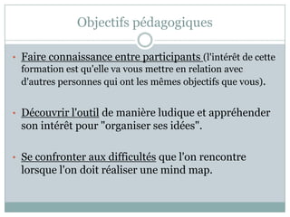 Objectifs pédagogiques

• Faire connaissance entre participants (l'intérêt de cette
  formation est qu'elle va vous mettre en relation avec
  d'autres personnes qui ont les mêmes objectifs que vous).


• Découvrir l'outil de manière ludique et appréhender
 son intérêt pour "organiser ses idées".

• Se confronter aux difficultés que l'on rencontre
 lorsque l'on doit réaliser une mind map.
 