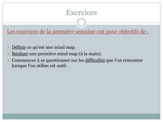 Exercices

Les exercices de la première semaine ont pour objectifs de :

 Définir ce qu’est une mind map.
 Réaliser une première mind map (à la main).
 Commencer à se questionner sur les difficultés que l’on rencontre
  lorsque l’on utilise cet outil.
 