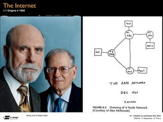 The Internet
1.1 Origine # 1969




                 	
  	
  	
  	
  	
  Vinton	
  Cerf	
  et	
  Robert	
  Kahn	
  	
     A1	
  -­‐	
  Ini(a(on	
  au	
  numérique	
  2011-­‐2012
                                                                                                    F.Michel - L. Neyssensas - C.Thiery
 