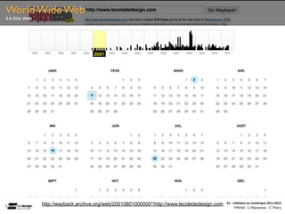 World Wide Web
3.6 Site Web




               http://wayback.archive.org/web/20010801000000*/http://www.lecolededesign.com   A1	
  -­‐	
  Ini(a(on	
  au	
  numérique	
  2011-­‐2012
                                                                                                            F.Michel - L. Neyssensas - C.Thiery
 