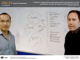 Web 2.0                    IDENTITE NUMERIQUE
                                                                                  Il s'agit de l’image que les internautes se font d’une marque ou d’une
                                                                                               personne en fonction de traces la concernant sur Internet.
4.3 E-réputation                                                                                                                                (Source: Wikipédia)




                   Klout	
  CTO	
  Binh	
  Tran	
  and	
  CEO	
  Joe	
  Fernandez                                                A1	
  -­‐	
  Ini(a(on	
  au	
  numérique	
  2011-­‐2012
                   http://i2.cdn.turner.com/money/2010/06/25/technology/klout/klout.top.jpg                                                    F.Michel - L. Neyssensas - C.Thiery
 